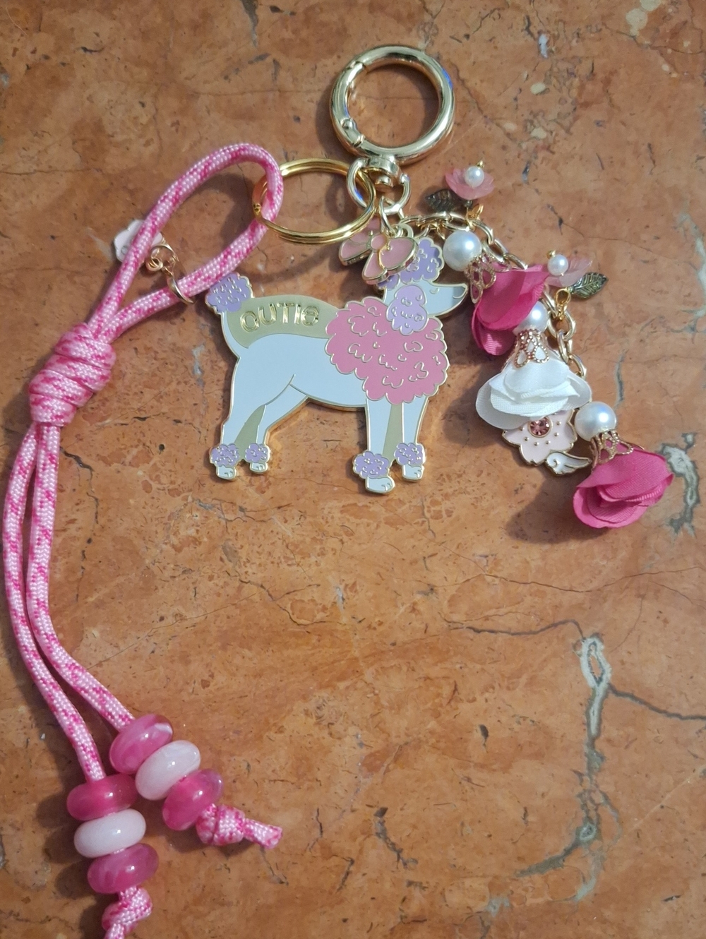 Kids Pink Poodle Charm Keychain Bag Charm with Floral Accents